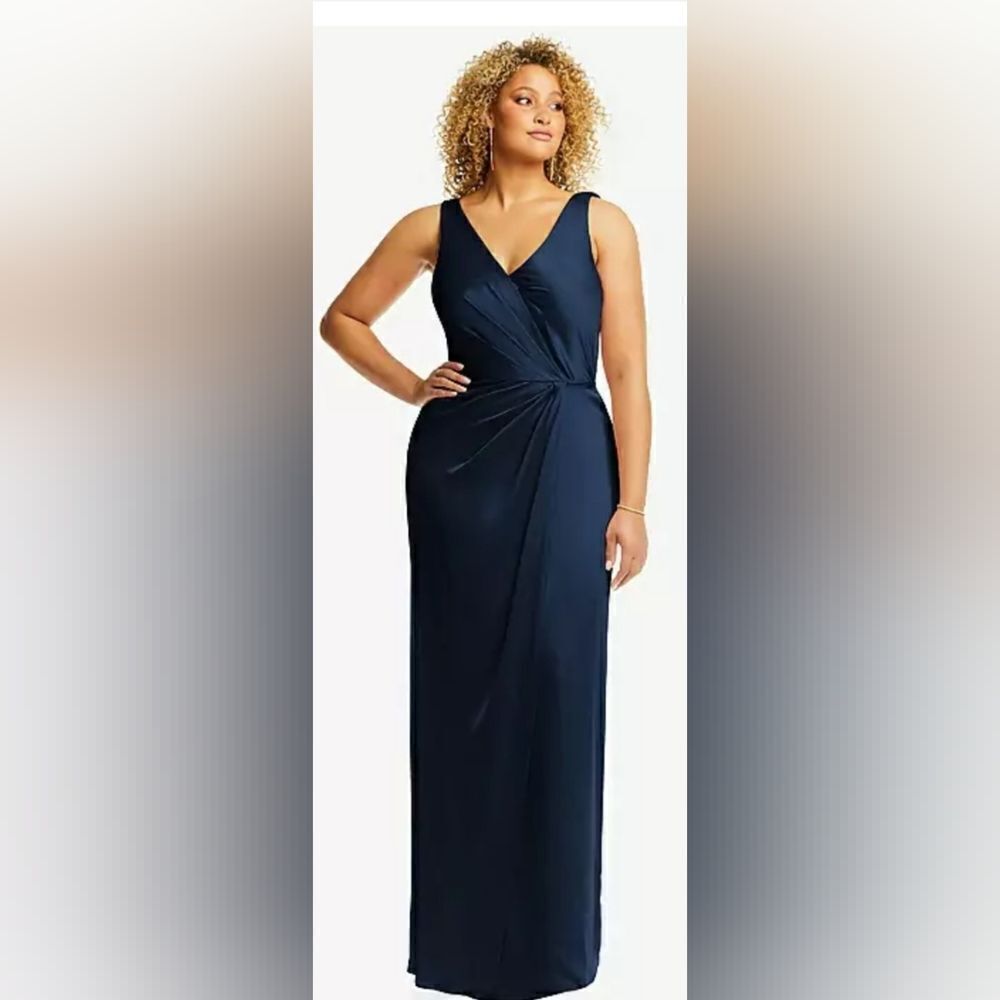 After Six 6864 FAUX WRAP SATIN MAXI DRESS WITH DRAPED TULIP SKIRT NWT sz 4 blue